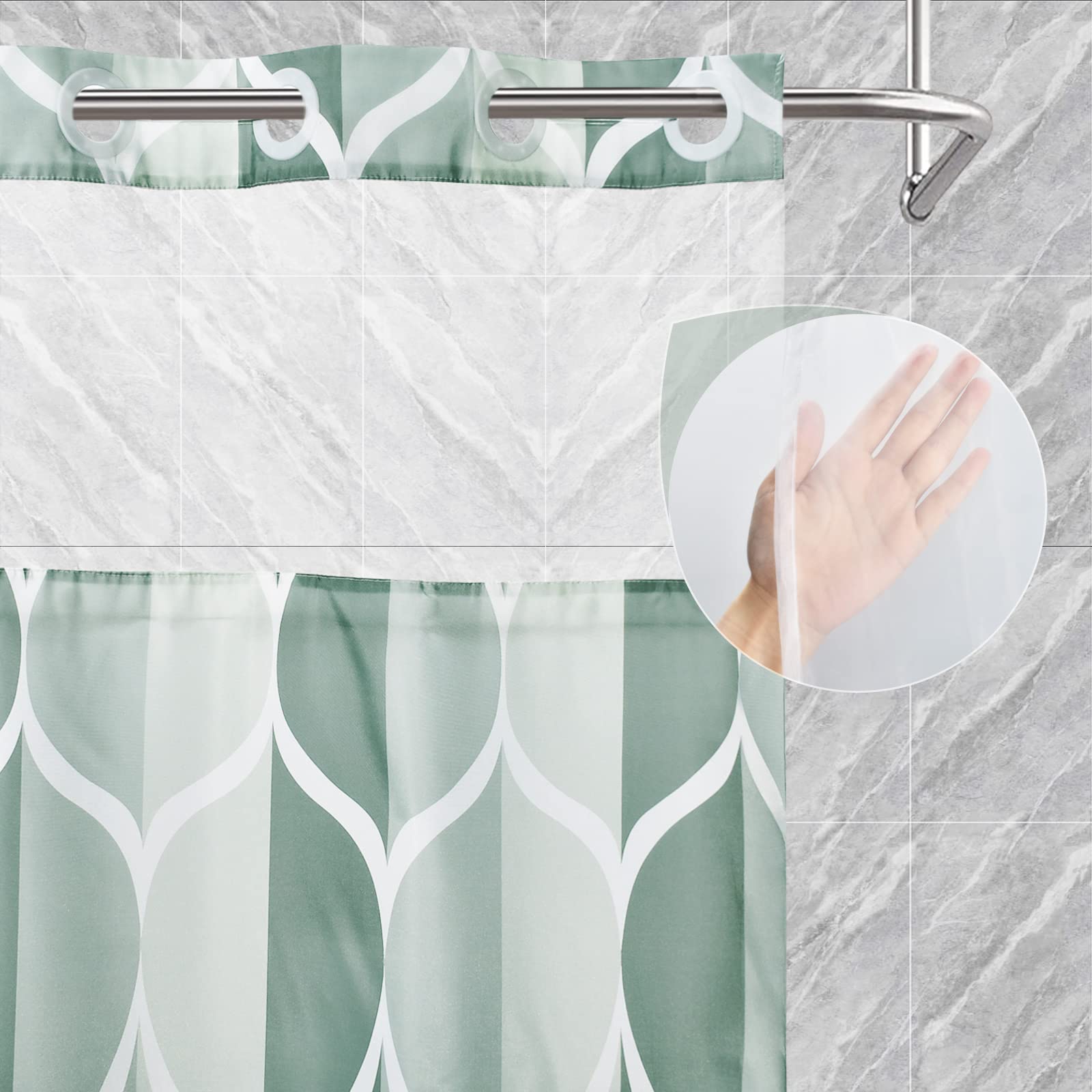Yiatn No Hook Dark Green Double Shower Curtain With Snap In Fabric Liner Set - Hotel Style With See Through Mesh Top Window, Mod